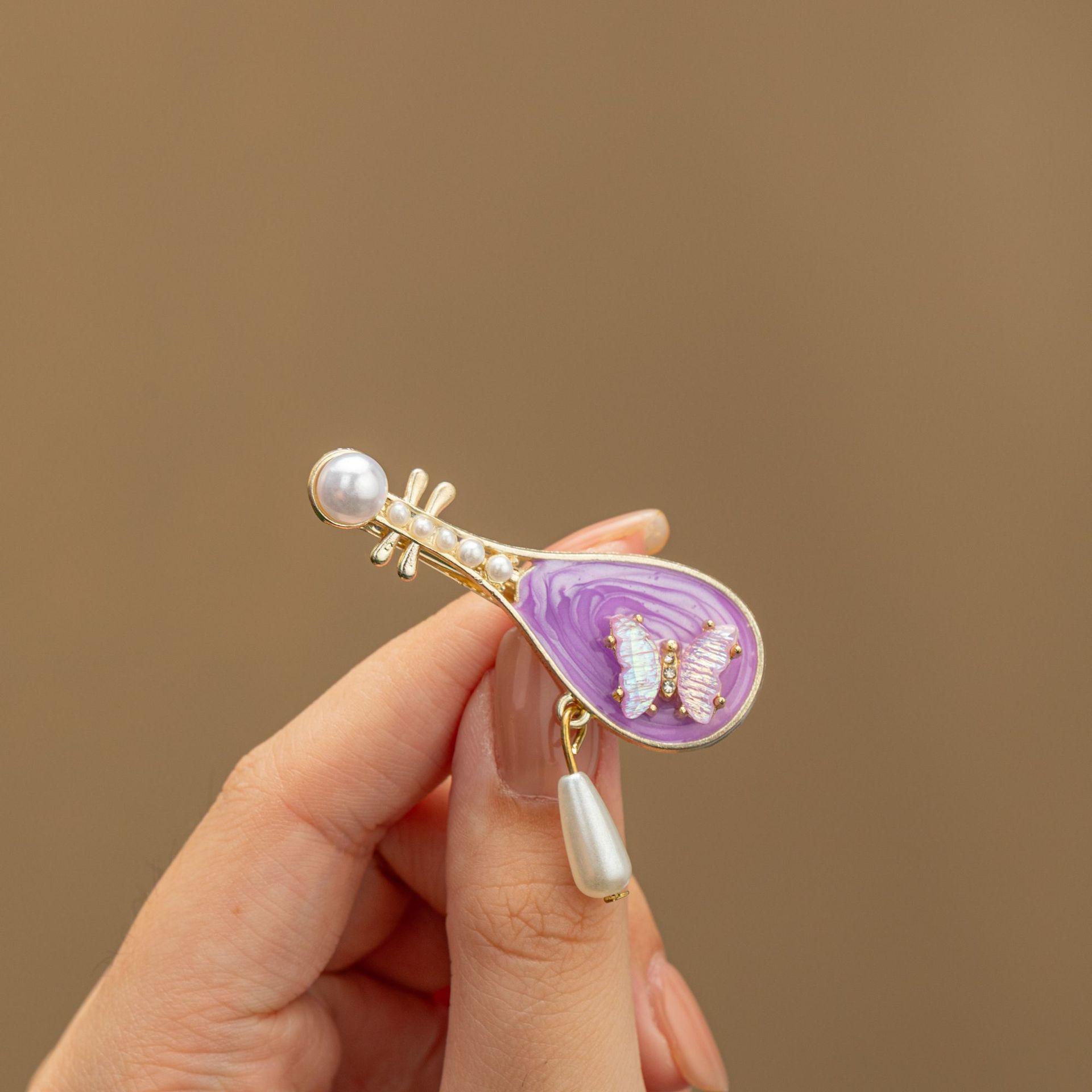 Oriental Rose & Pipa Shape Hair Clip, Unique Design Side Bangs Clip, Creative Broken Hair Styling Pin, Vintage Hanfu Hair Accessories for Women Girls, Elegant Chinese Style Hair Ornament Gift