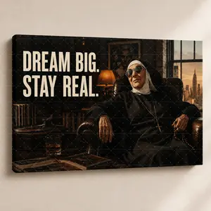 Dream Big Stay Real" Urban Nun Canvas Wall Art, Moody Lounge & NYC View Print, Modern Motivational Living Room Bedroom Office Decor, Statement Poster Gift,wall decor,poster.