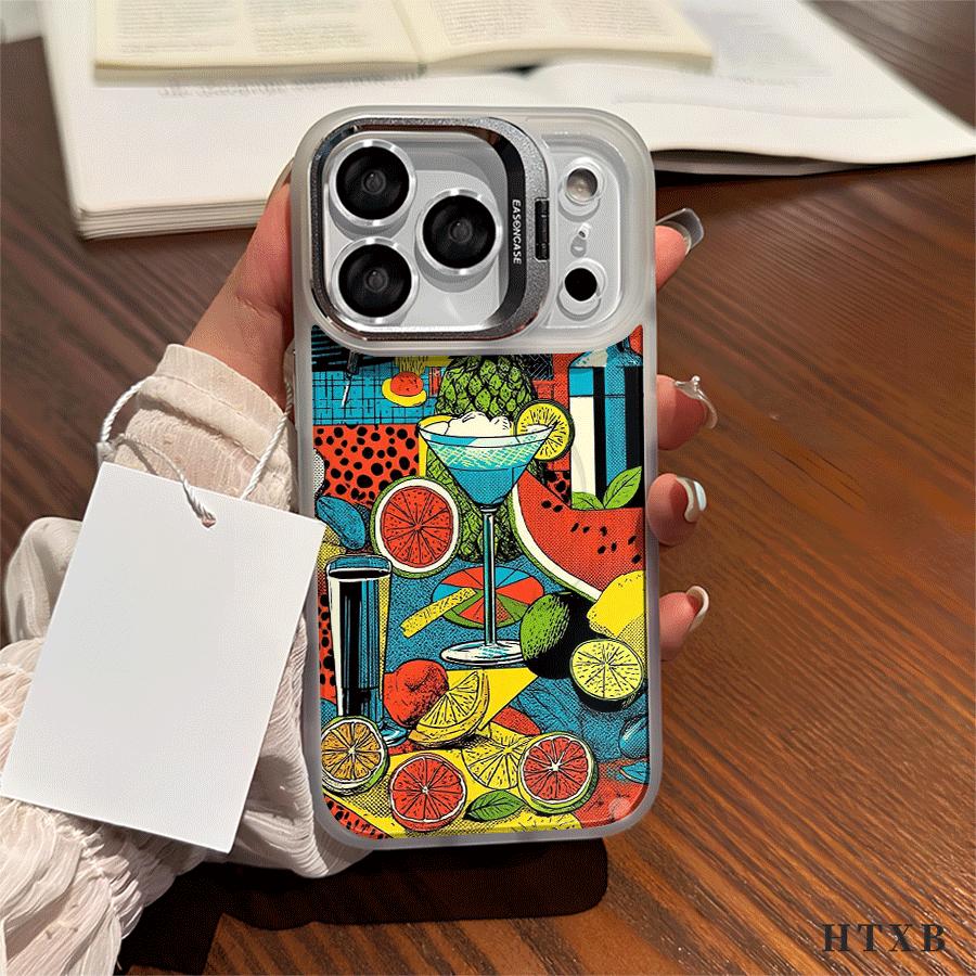 Cocktail Lemon Pattern Metal Camera Cover Magnetic UV Printed Phone Case, suitable for iPhone 17, 16, 15, 14, 13, 12 Pro Max/Pro/Plus series