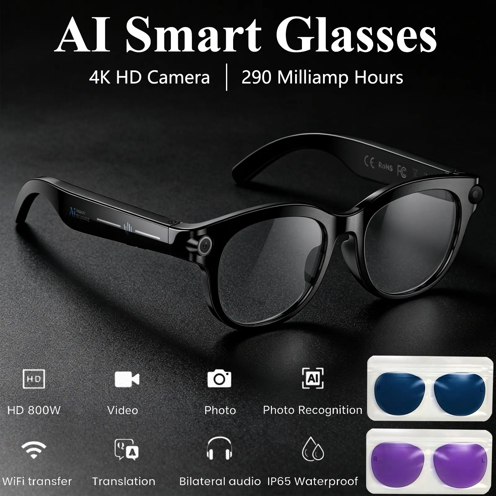 Ai Wearable Smart Glasses with Camera, 4K HD Video & Photo Capture, Real-Time Translation, Bluetooth-compatible, Object Recognition, for Travel, Multifunctional Smart Glasses