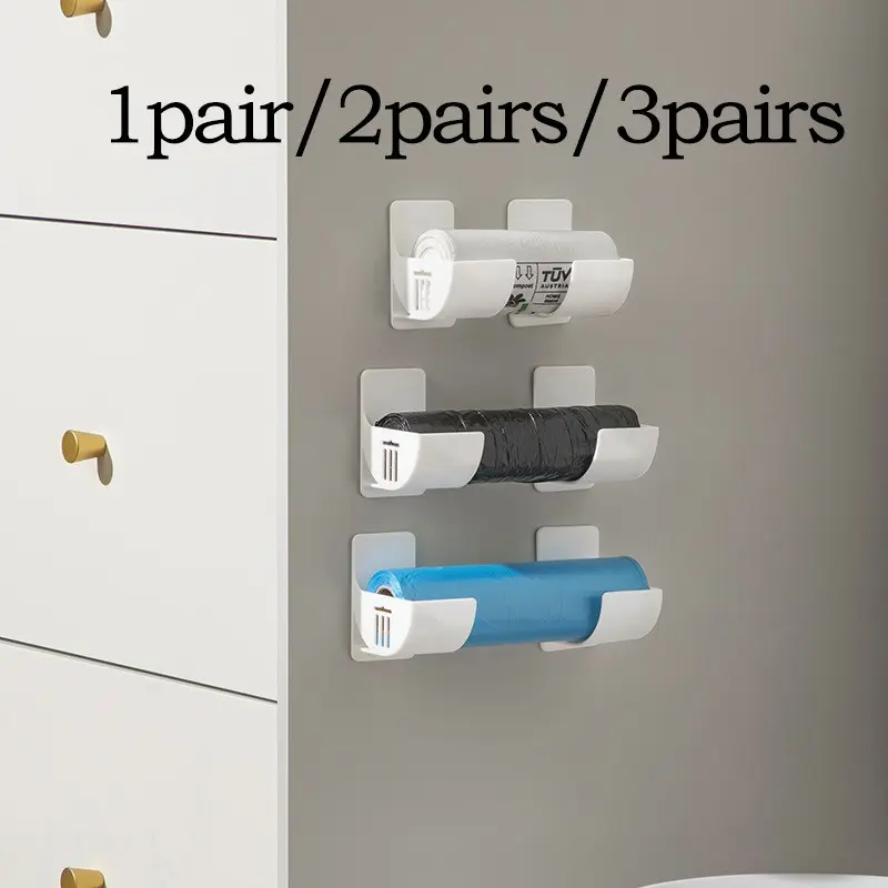 1pair / 2pairs / 3pairs Wall-Mounted Plastic Wrap Band Dispenser & Trash Bag Holder, No-Drill Cabinet Storage, Space-Saving Organizer for Kitchen, Pantry, Bathroom, Closet