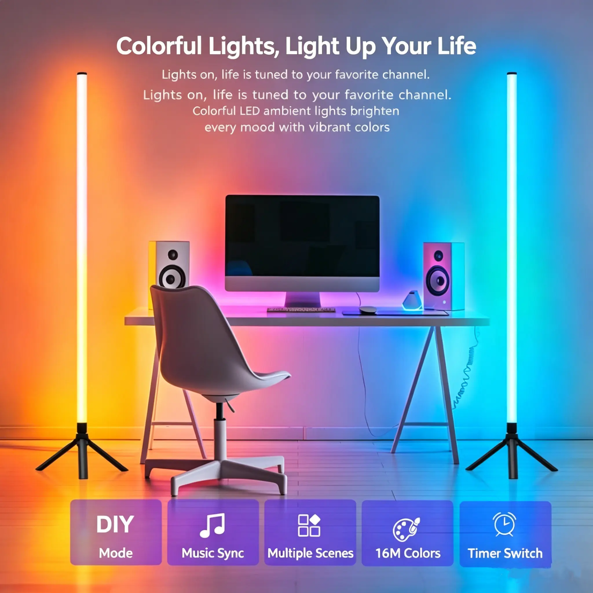 360° Standing LED Corner Lamp with Music Sync, Color Shift, Dual Control & Timer, 16M DIY Colors, Perfect for Living Room/Gaming Room, Smart RGB Floor Lamp summergarden