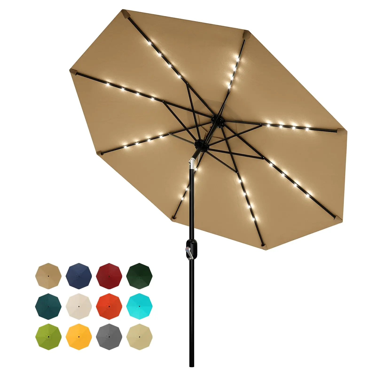 10FT Solar LED Patio Umbrella, 40 Solar Lights Outdoor Market Table Parasol, Waterproof UV Fade Resistant Polyester Canopy, 1.5" Alloy Steel Pole 8 Reinforced Ribs, Crank Lift Push Button Tilt, Turquoise Blue Heavy Duty Sun Shade Umbrella