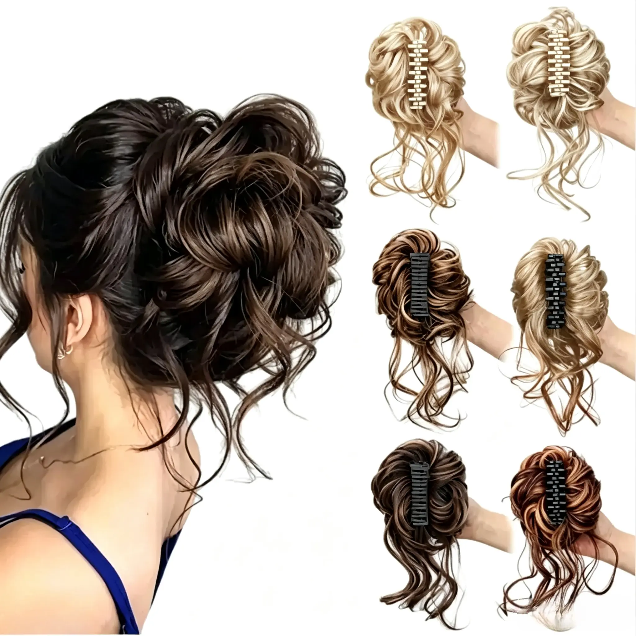 Glueless Clip-On Curly Messy Bun Hairpiece with Claw Clip - Synthetic Ombre Hair Extension Adds Texture, Delivers Instant Ponytail Effect for Daily & Festival Ponytails Styling, Hair Extensions