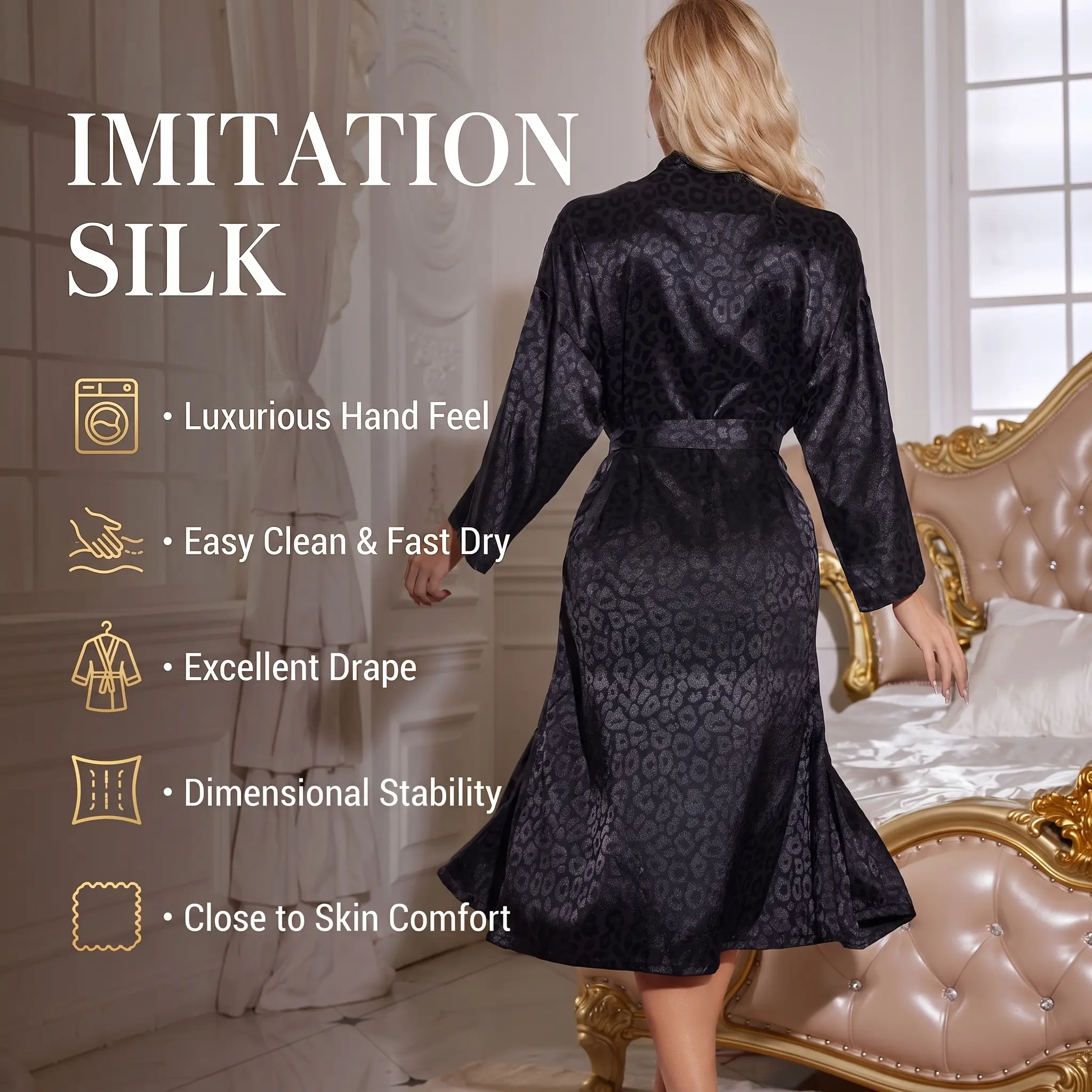 Women Black Jacquard Leopard Faux Silk Robe Midi Kimono Bathrobe Long Sleeve Sexy V-Neck Satin Loungewear Nightgown with Tie Belt Italian Style Light Luxury Sleepwear S-XL