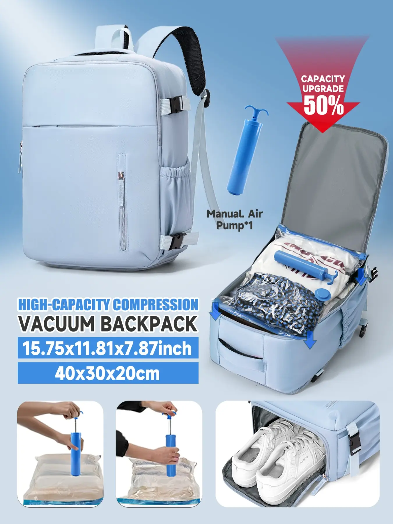 Women's Backpack Travel Luggage Vacuum Compression Set, Lightweight Travel Bags, Airline Approved 40x30x20cm, with Vacuum Pump, Trolley Strap, All Seasons