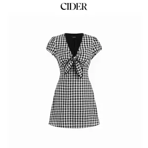 Cider Cotton V-neck Puff Sleeve Twist Knotted Gingham A-line Mini Dress Black Women SummerFinds
