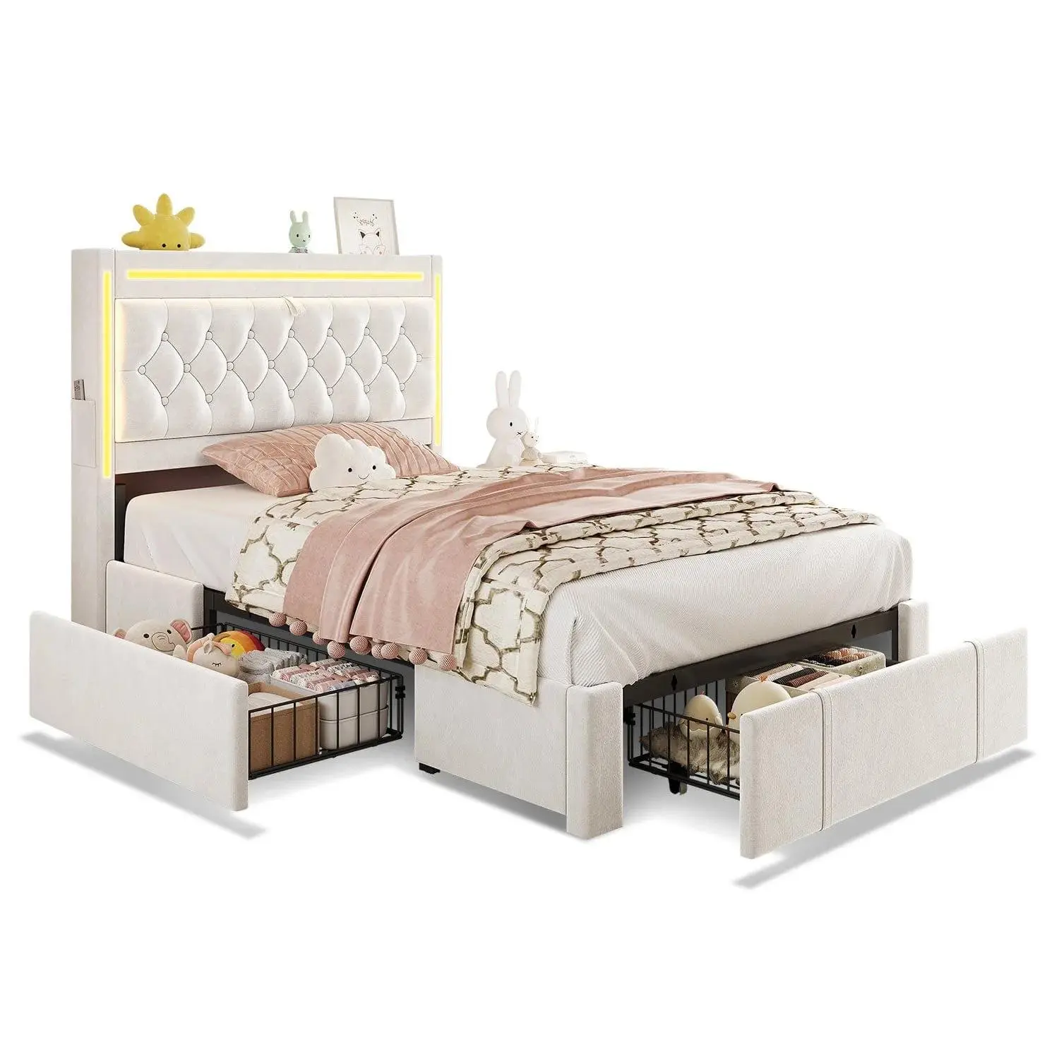 SIKAIC Twin Velvet Upholstered Platform Single Bed Frame with LED Headboard Footboard, 3-Drawer Clutter Fix, Hidden Compartment, Quiet Slide Wheels, Headboard Power, Large Drawers, Modern Home Decor, Space-Saving Dorm Indoor Furniture