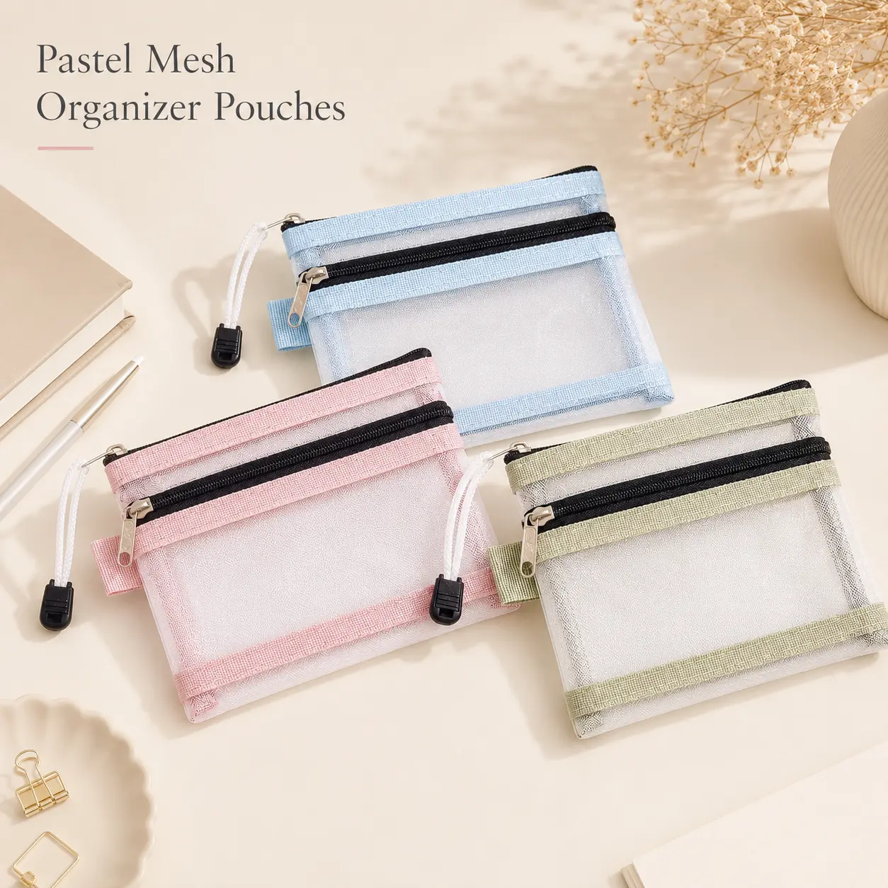 3PCS Mesh Zipper Organizer Pouches with Dual Compartments, Portable Travel Cosmetic & Card Storage Bags, Transparent Mesh Wallet Organizer for Cash, Passport, Keys & Accessories