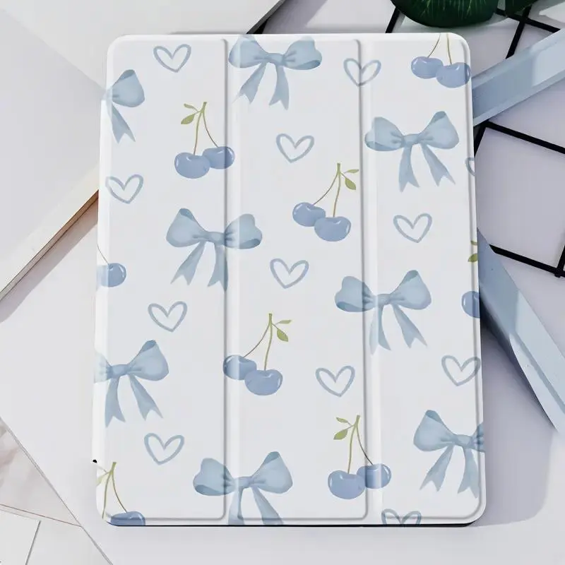 Light Blue Bow & Cherry Heart Pattern Luxury Slim-Fit iPad Series Tablet Case, Durable Thermoplastic Polyurethane (TPU) Cover with Auto Sleep/Wake Function, Stylish Elegant Gift for Loved Ones, Christmas