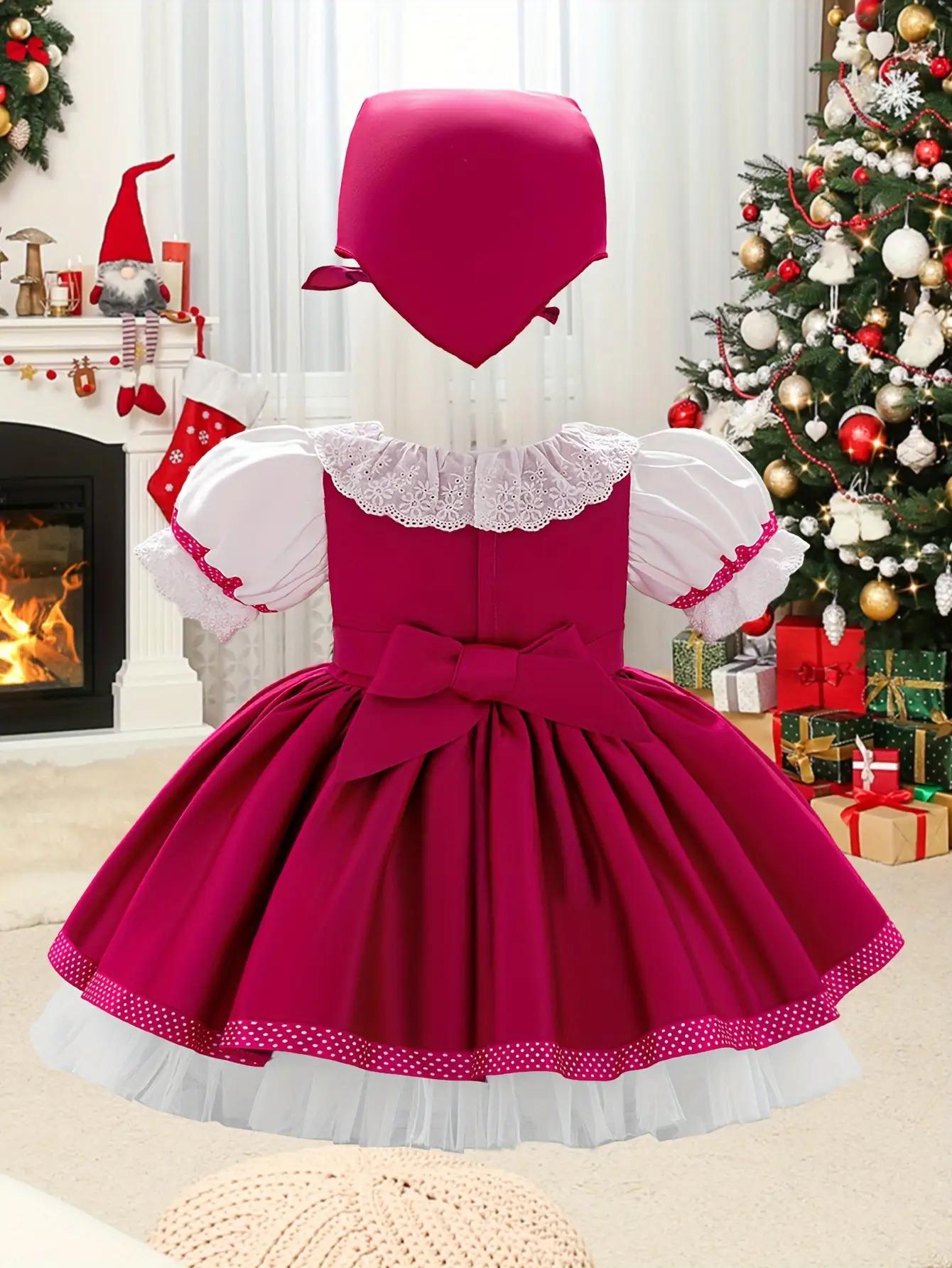 Adorable Pink Princess Dress for Little Girls - Elegant Lace Detail, Ruffled Skirt, and Matching Hat - Perfect for Christmas, Birthday, and Halloween Celebrations, Birthday Dress |         Elegant Lace Detail |         Ruffled Skirt Design, Christmas Dres