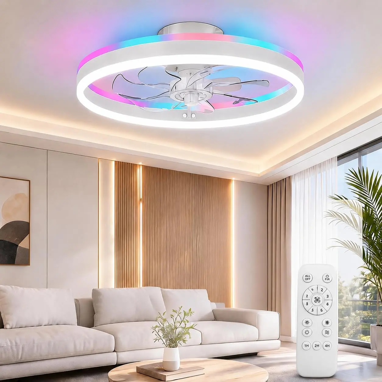 20" Smart RGB Ceiling Fan with Light & Remote, Dimmable LED 3000K-6000K, 6-Speed Quiet Brushless Motor, Memory Function, Reversible Airflow, Easy DIY Flush Mount for Bedroom Living Room Office, Modern Energy Efficient Fan Lamp