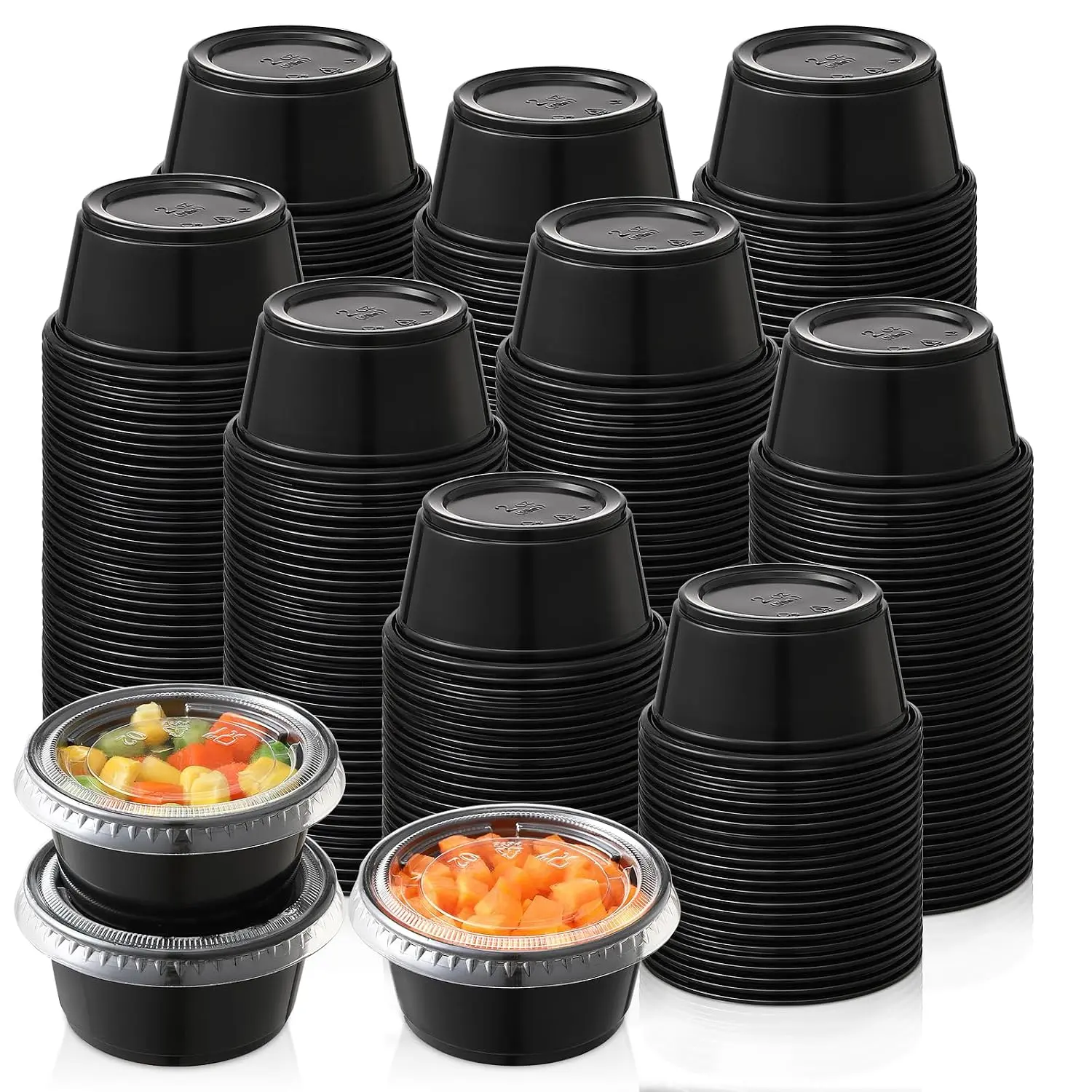 Disposable 200-Piece 2oz Black Gelatin Shot & Souffle Cups with Airtight Leakproof Seal Lids, BPA-Free Stackable Portion Cups for Parties, Meal Prep, Catering