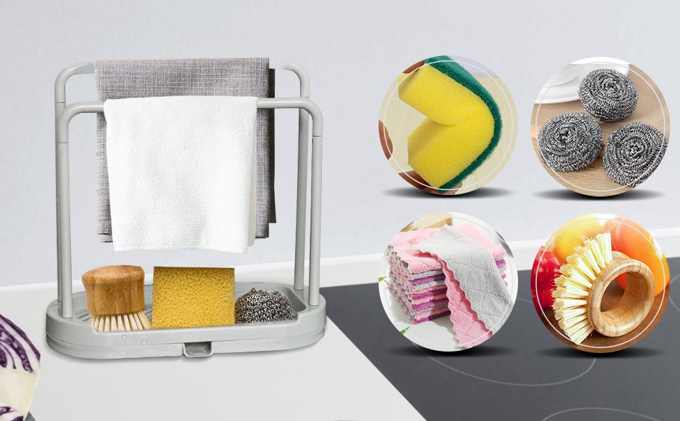 Hanging Hollow Polypropylene (PP) U-Shape Sponge Holder - Compact Wipe-Clean Plastic Kitchen Sink Organizer Rack Tray Stand with Ventilated, Full Open, Raised Bottom Fast Smooth Drainage for Dishcloth, Brush Storage (Grey)