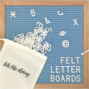 10x10in Light Blue Changeable Felt Letter Board with 300Pcs White Letters, Oak Frame Wooden Message Board for Baby Announcements, Milestones, Office Decor & More