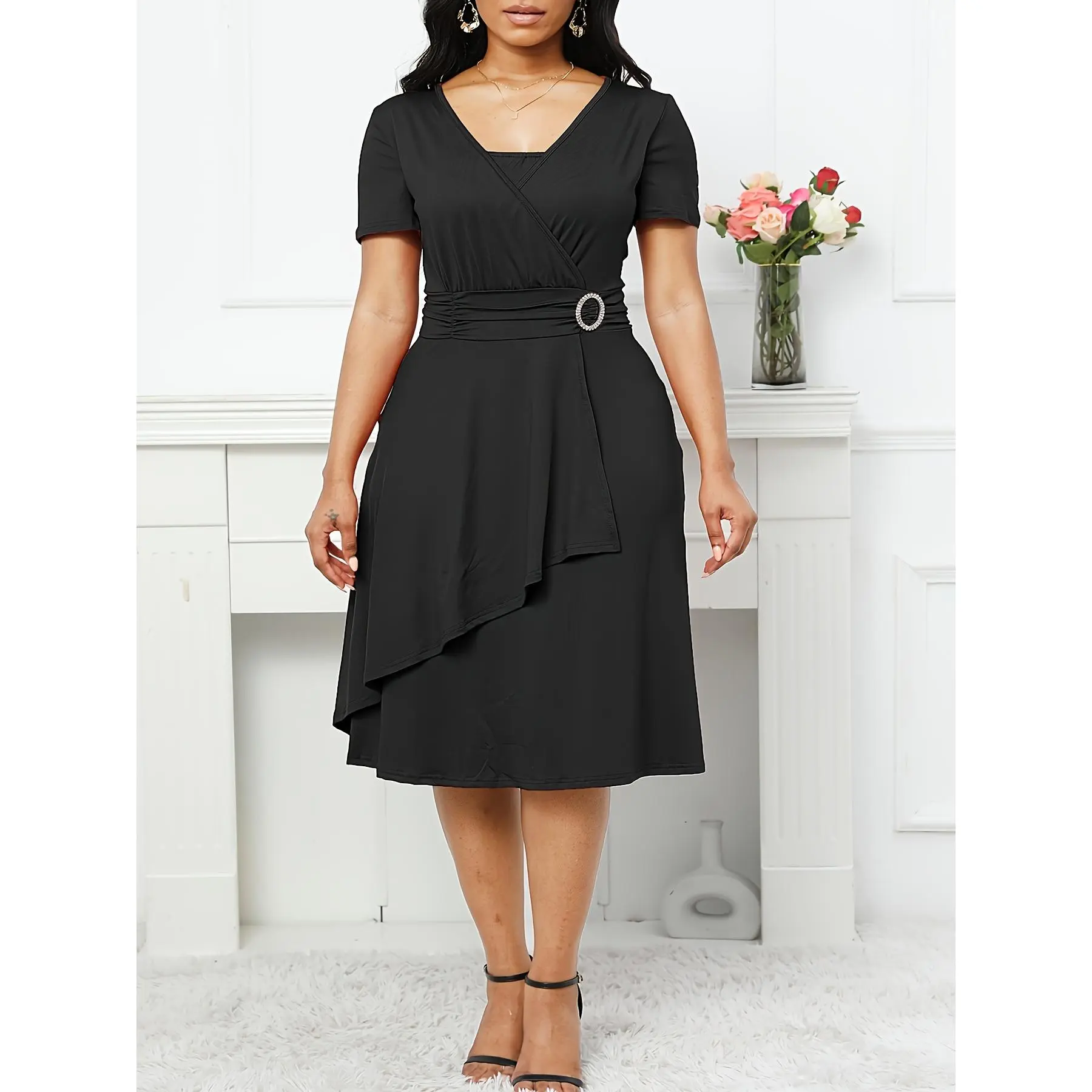 Plus Size, Plus Size Women's Dress, V Neck Waist Cinching Design, Tummy Control Slim Fit Dress for Wedding Banquet, Business Work, Special Occasions, Birthday Party & Daily Wear