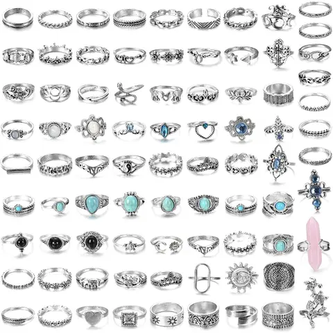 82 Pcs Vintage Silver Knuckle Rings Set Beautiful Fashion Stackable Rings for Women Teen Girls Bohemian Stackable Joint Finger Rings Retro Stone Crystal Stacking Midi Rings Pack
