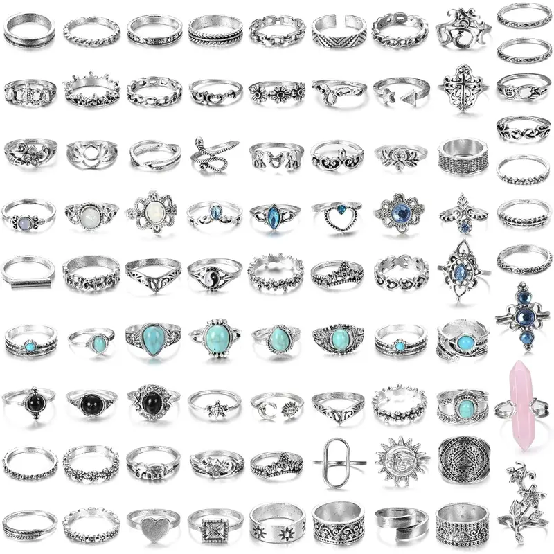 82 Pcs Vintage Silver Knuckle Rings Set Beautiful Fashion Stackable Rings for Women Teen Girls Bohemian Stackable Joint Finger Rings Retro Stone Crystal Stacking Midi Rings Pack
