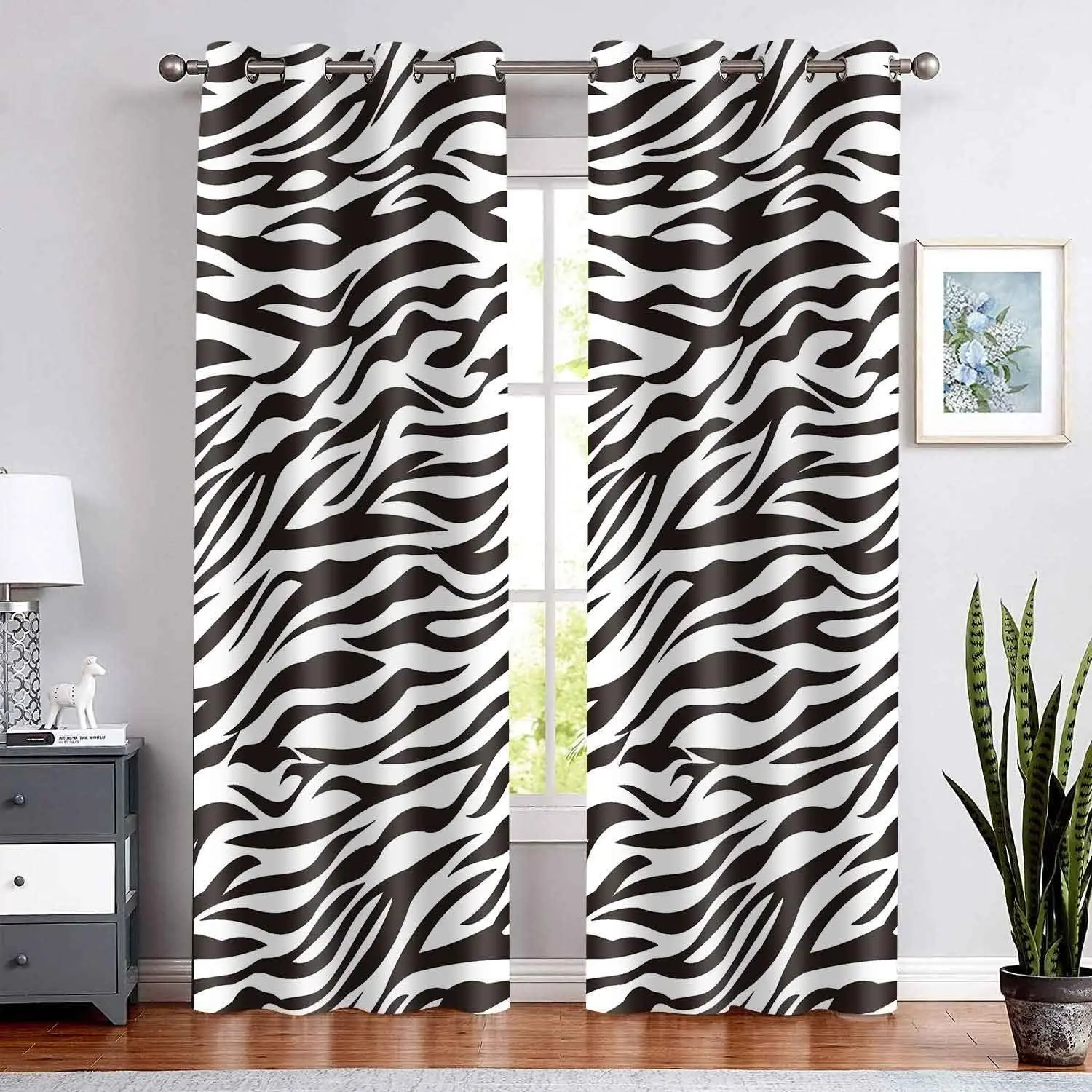 Zebra Print Curtains, Room Darkening Insulated Semi-Sheer Fashion Curtains with Grommets, 2 Panels for Living Room, Dining Room, Bedroom, Sheer Printed Curtains