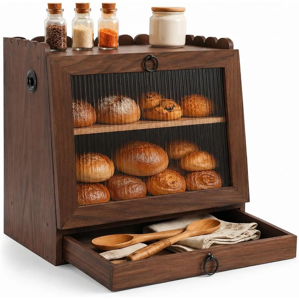 Solid Wood Double Layer Ventilated Rectangular Bread Box, Kitchen Countertop Storage Container with Scalloped Design