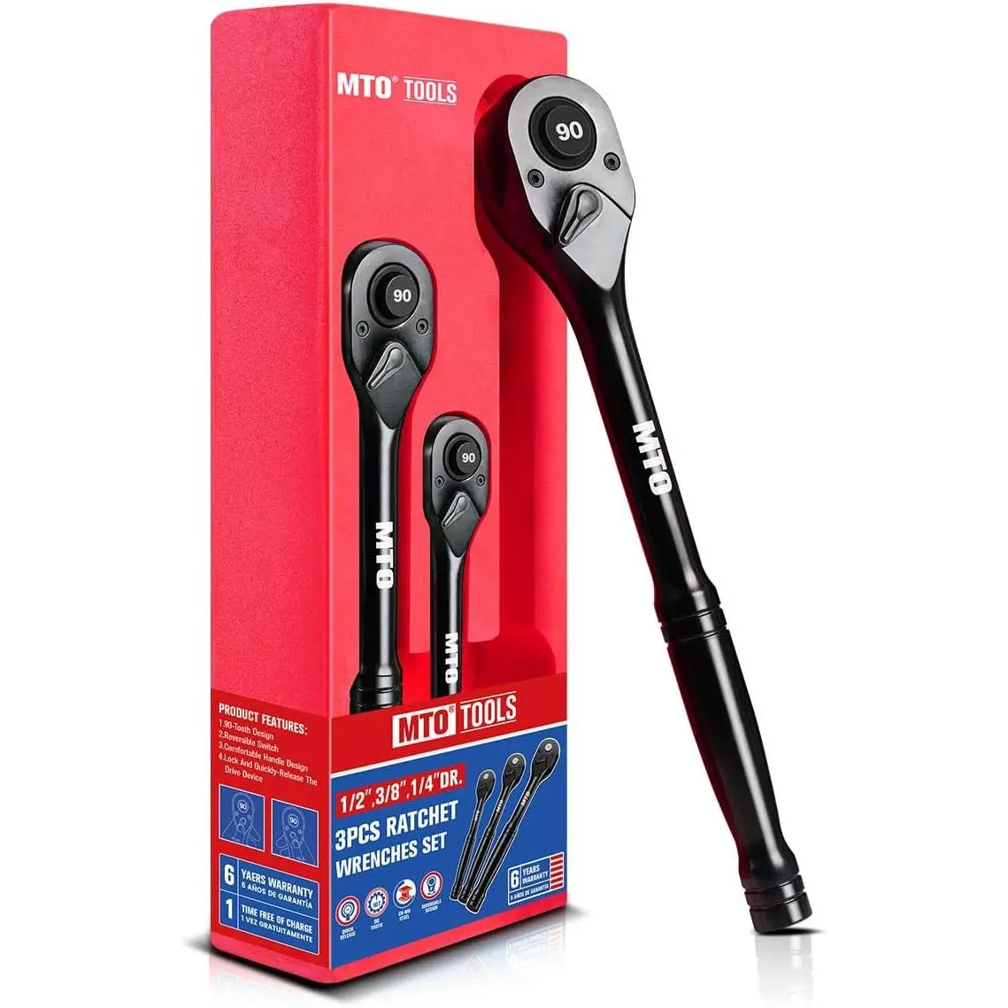 3- 90  Ratchet Wrench Set, 1/4", 3/8", 1/2" Drive Reversible Ratchets,  Handle, Chrome Alloy Made, Quick Release Ratchet