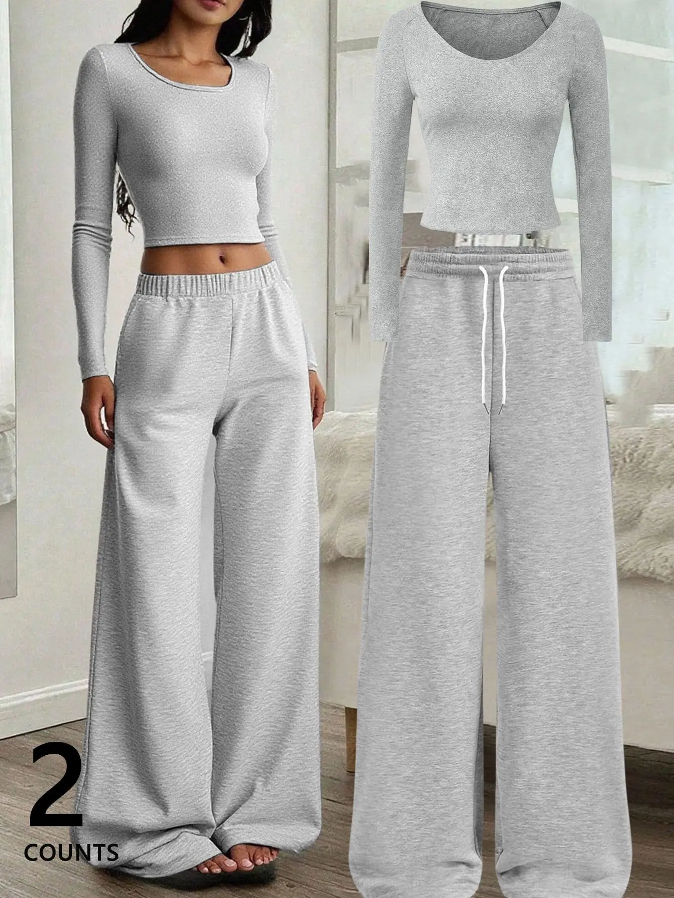 2PCS Tracksuit Women Y2K Grey Scoop Neck Slim Crop Top and Wide Leg Sweatpants Set for Ladies Daily Casual Athleisure