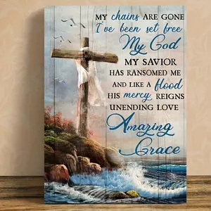 2D Flat Jesus Cross Wall Art - 'My Chains Are Gone' Christian Canvas Print - Easter & Christmas Decor - Inspirational Bible Verse - Wood Frame Ready to Hang - Home Office Church Gift