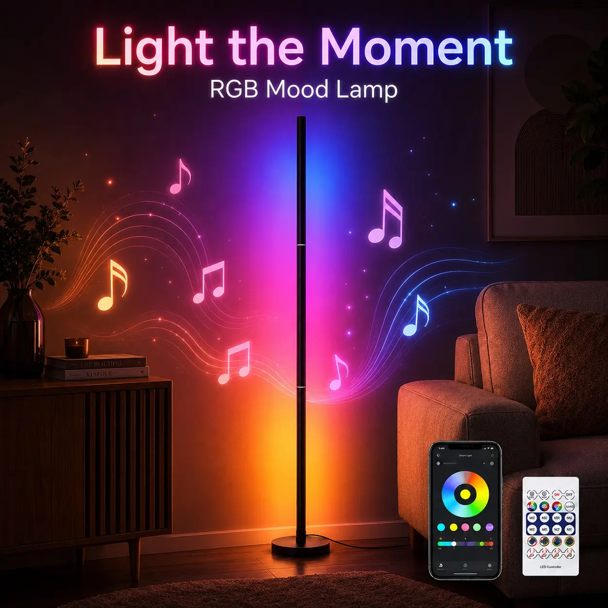Smart RGB Floor Lamp with Music Sync, Color Changing LED Corner Lamp with Dynamic Scenes, App Remote & Button Control for Gaming Room Living Room
