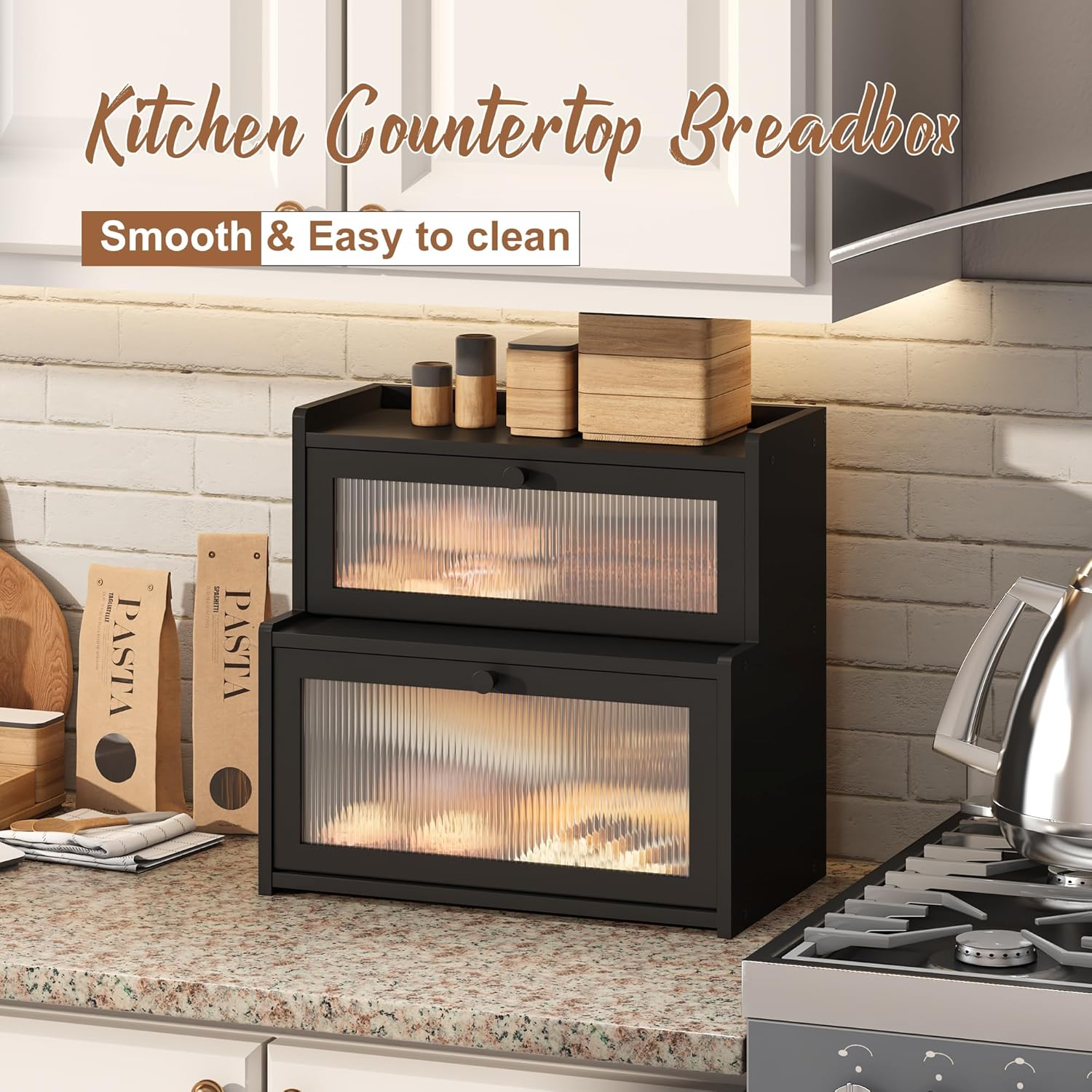 Bread Box for Kitchen Countertop Double Layer Large Corner Bread Box Capacity Bread Storage Bin Farmhouse Breadbox Container Organizer Cabinet Cupboard Black