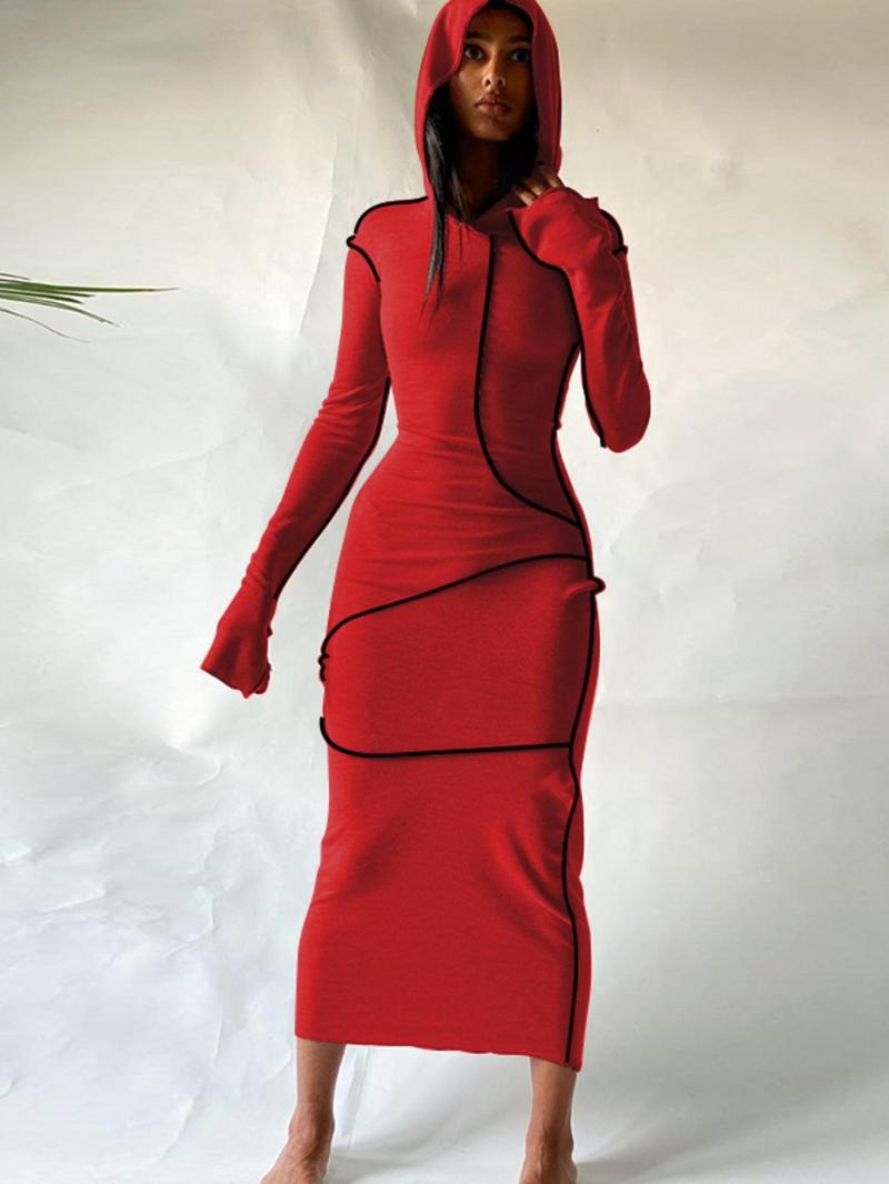 Women's Plain Drop Shoulder Hooded Bodycon Dress, Casual Long Sleeve Solid Long Dress for Fall & Winter, Women's Clothing