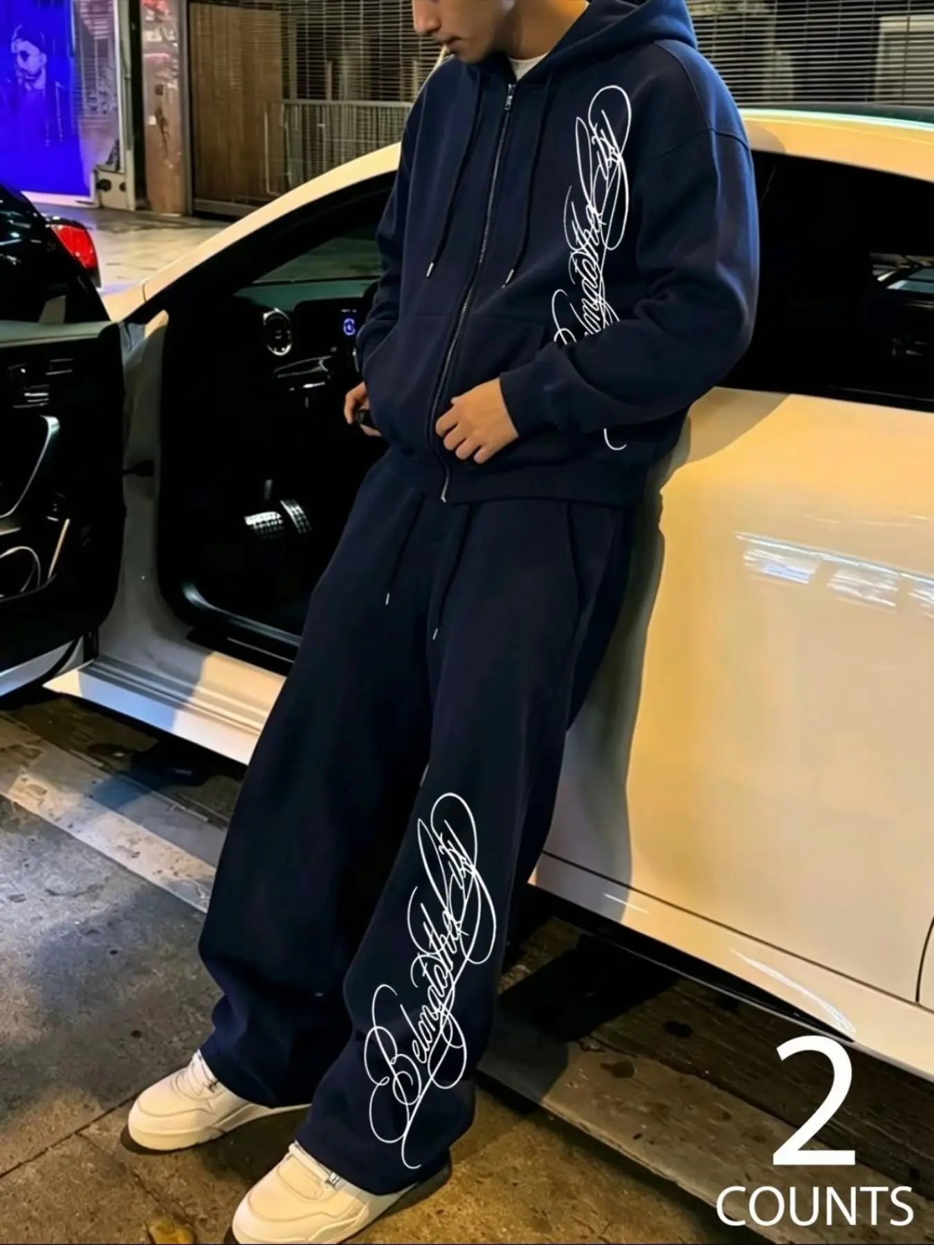 West Coast Style Letter Print Two-Piece Set, Navy Hoodie & Wide Leg Pants, Oversized Fit, Adjustable Drawstring, Breathable Fabric, Streetwear