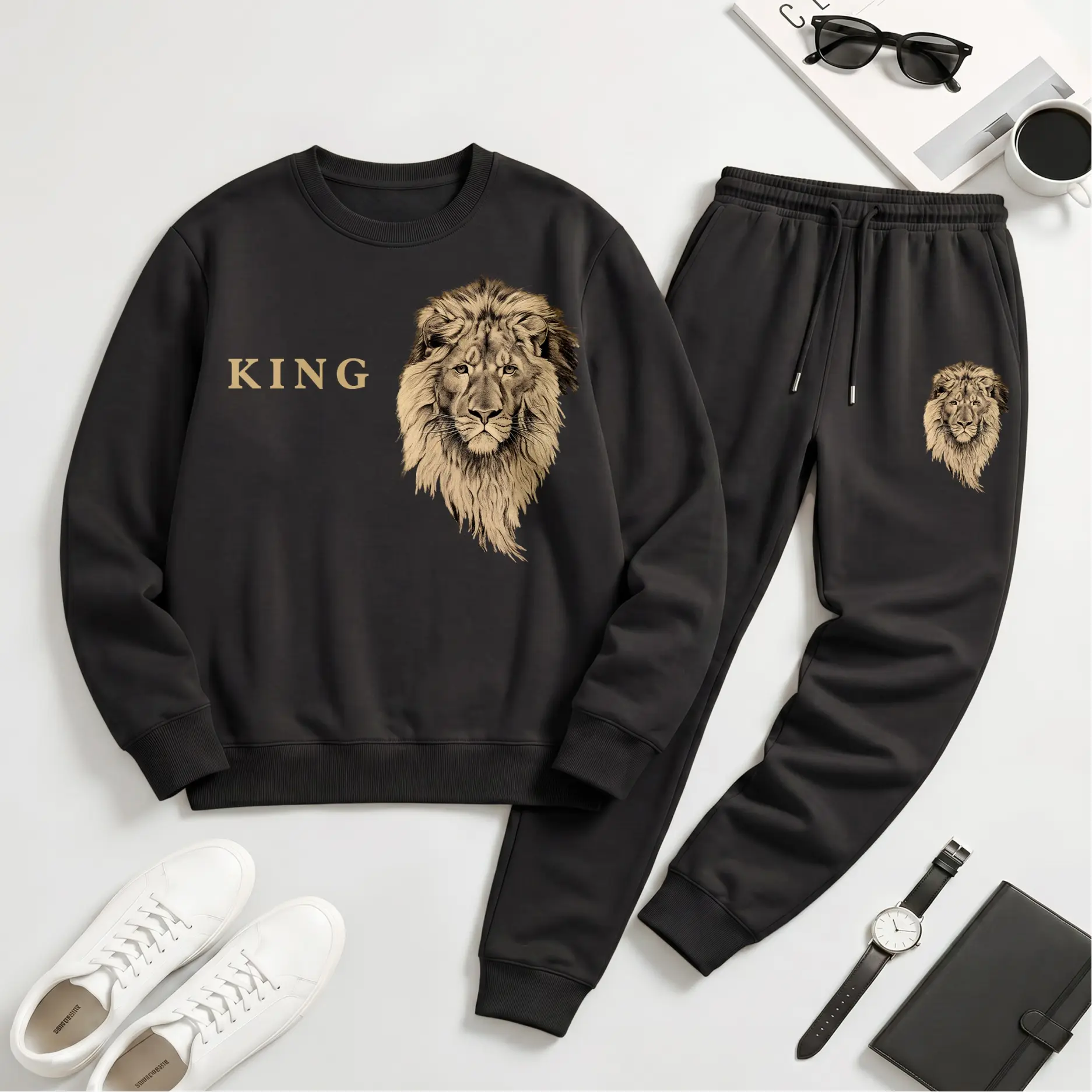 Men's 2-Piece Minimalist Menswear Loose Round Neck King Lion Graphic Crewneck Sweatshirt & Jogger Set - Polyester, Casual Long Sleeve Pullover, Drawstring Pants, Warm Fall Winter Tracksuit for Daily Wear, Lounge, Breathable, Letter Print