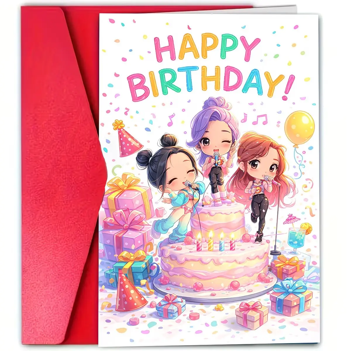 Vibrant Birthday Greeting Card, Three Singers on Cake, Gifts and Confetti, 'sing Your Heart Out,' Kawaii Pastel, Pop Idol Style