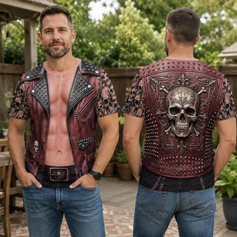 Men's Short-Sleeve Imitation Leather Vest Tshirt - Burgundy Red, 3D Skull And Crossbones Print, Studded, Simple Streetwear Clothing, Punk Biker 1Punk T-Shirt, Round Neck Cotton Goth Clothes, Ideal for Motorcycle Festival Gift
