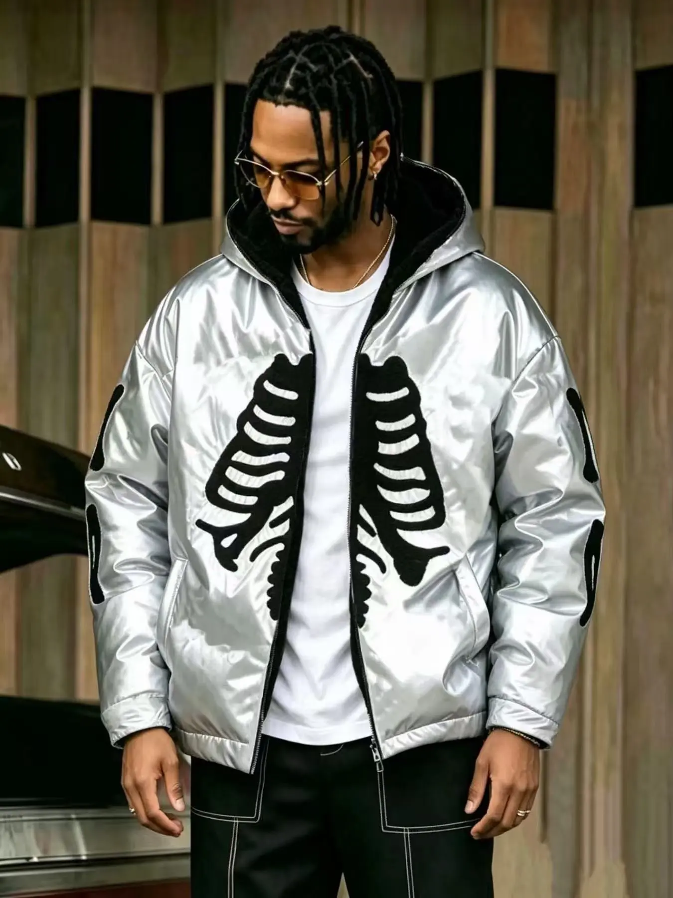 Men's Gothic Autumn Winter Comfortable Cotton Jacket, Silver Color Skull Print Open Front Sweatshirt, Halloween Costume, Streetwear