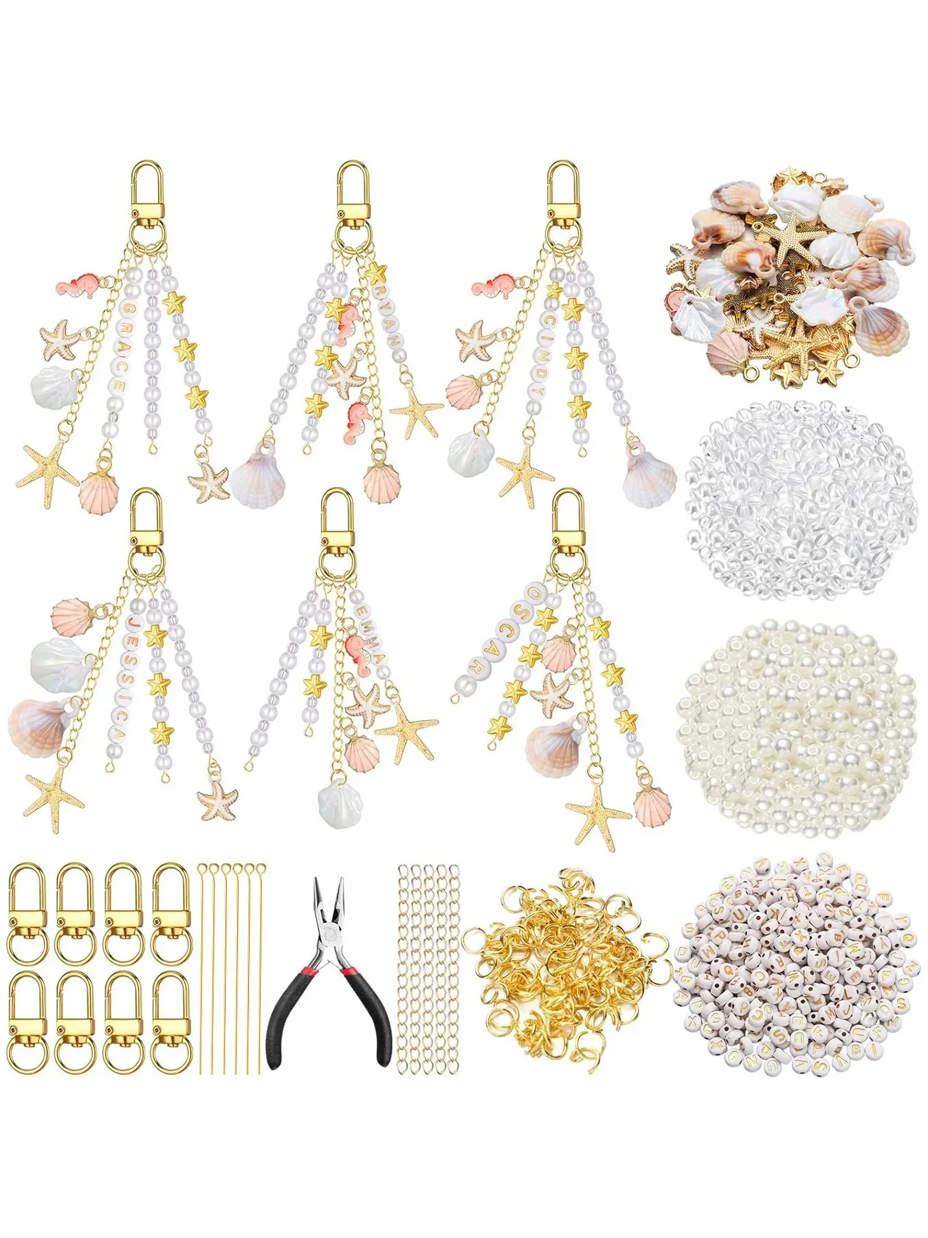 776 Pcs Seashell Keychain Making Kit, Ocean DIY Craft Marine Life Charm, Starfish Pearl Seahorse Beads, Keychain Clip & Tools, DIY Supplies for Backpacks Purse Tote Bag