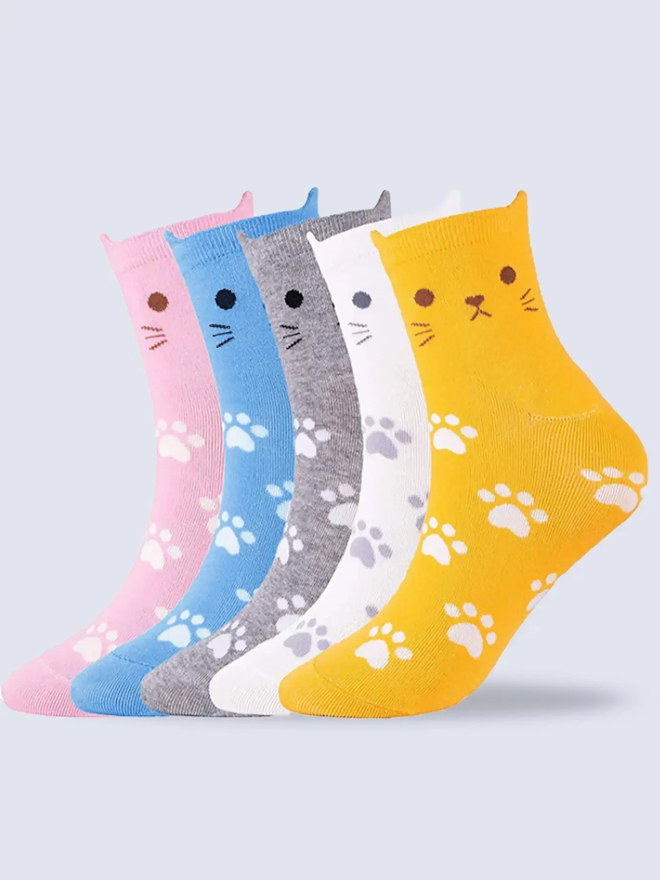 Women's 5 Pairs Cute Cat & Paws Print Crew Socks, Fashion Casual Cozy Socks for Daily Outdoor Wear, Women Socks for All Seasons