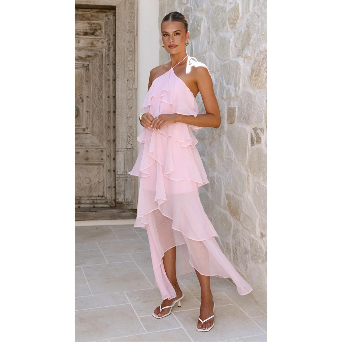 Women's Summer Frill Halter Neck Flowy Chiffon Sundress A-Line Tiered Ruffle Long Maxi Formal Wedding Dress