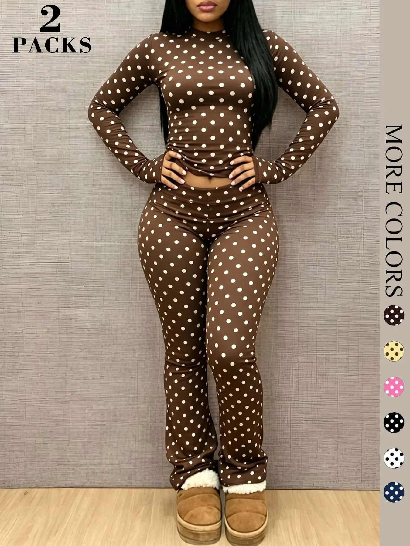 Women's Four-Season Slim Fit Polka Dot Two-Piece Set, Round Neck Long Sleeve Top with High Waist Flare Pants, Casual, Comfortable and Stylish