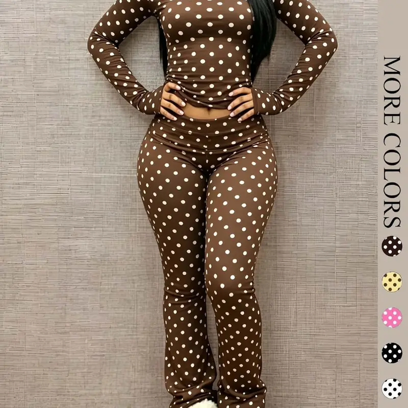 Women's Four-Season Slim Fit Polka Dot Two-Piece Set, Round Neck Long Sleeve Top with High Waist Flare Pants, Comfortable and Stylish, Casual Everyday Set