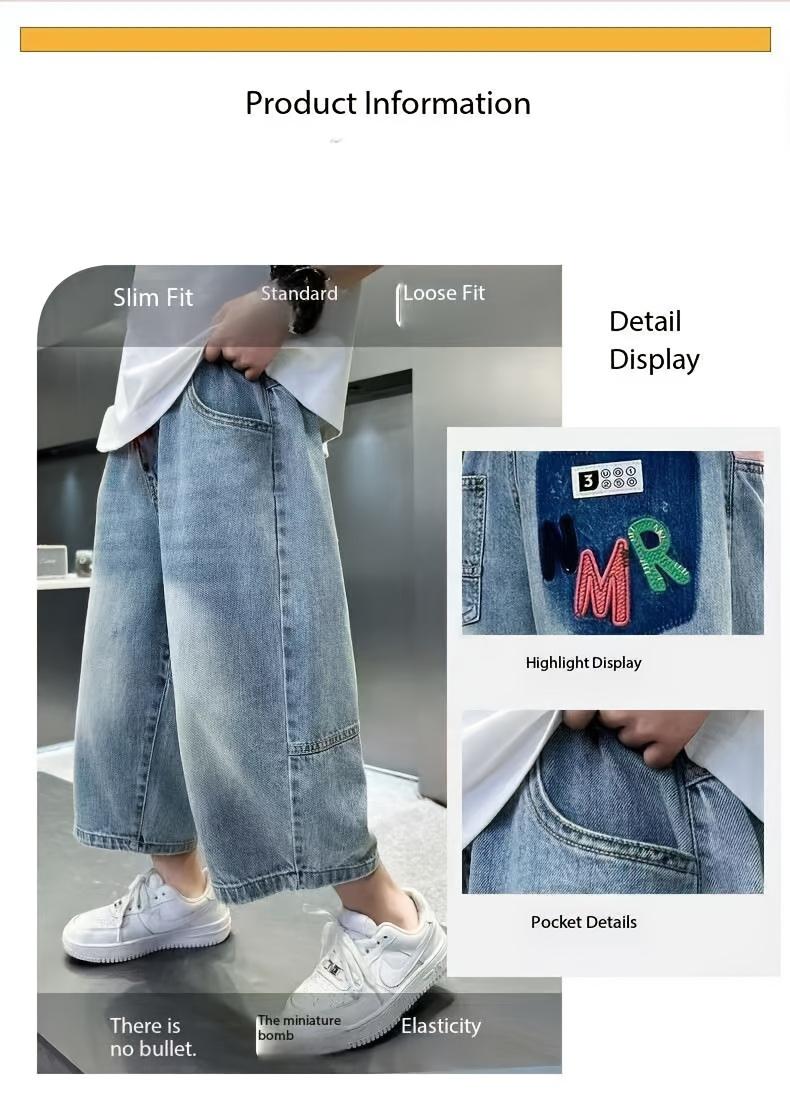 (New)5 to 14Y Boys' Denim Pants, Suitable for Indoor/Outdoor Street Fashion Casual Vacation Multi-Scene Use, Stylish Letter Embroidery Design, Summer Comfortable and Durable Capri Jeans(Gift)11