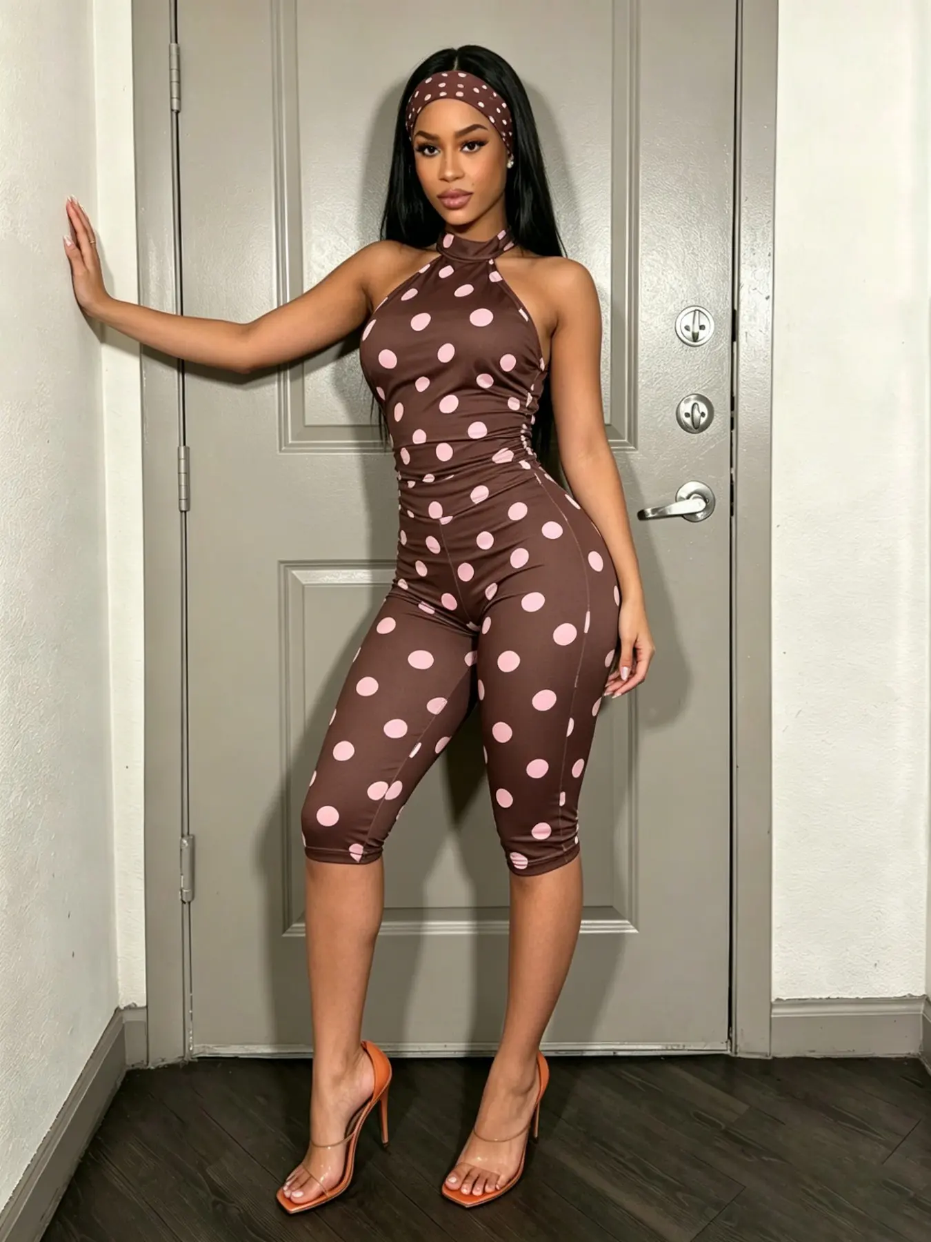 C0216 Women Polka Dot Print Athleisure Jumpsuit, Fashion Street Casual Outfit, Perfect Summer OOTD for Vacation, Dating & Outdoor Daily Activities.