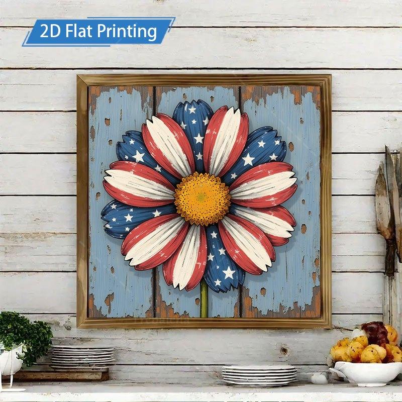 8x8inch Horizontal Wooden Sign - Patriotic Daisy Flag Framed Wall Art, Rustic Farmhouse USA Theme Suitable for Kitchen Bathroom Living Room Decor, Thick Wood Board Decoration for Home Gifts, Tabletop or Hanging Display,250th Anniversary