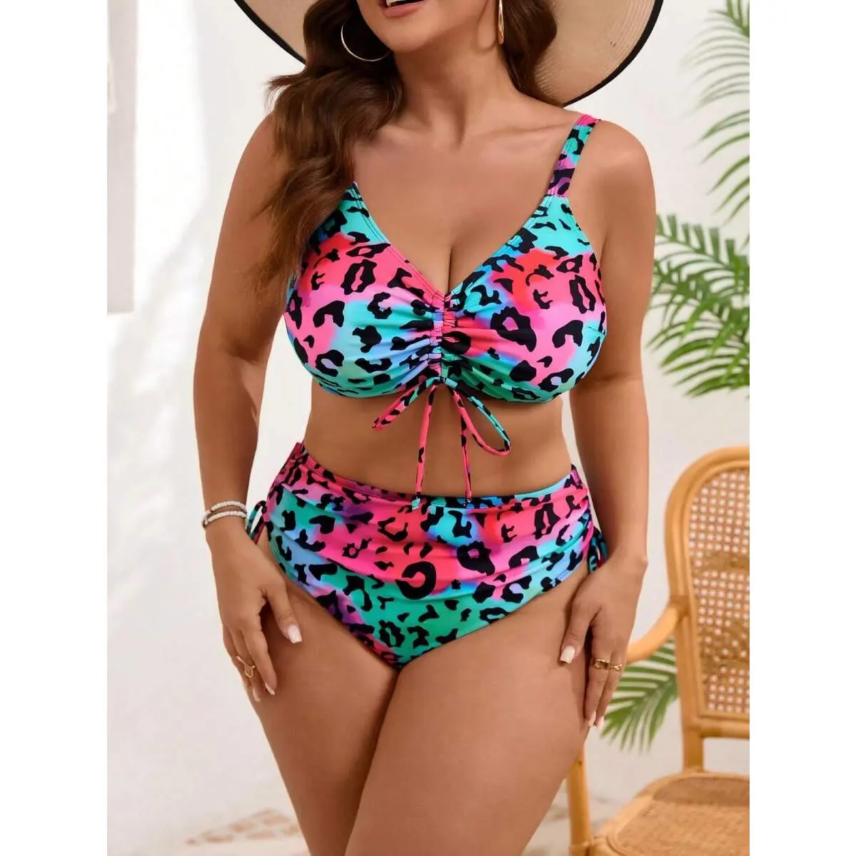 Women's Plus Size 2-Piece Bikini Sets - V-Neck Pushup Top with Ruched Details, High Waisted Bottom with Side Ties, Leopard Print Elastic Knit Swimwear
