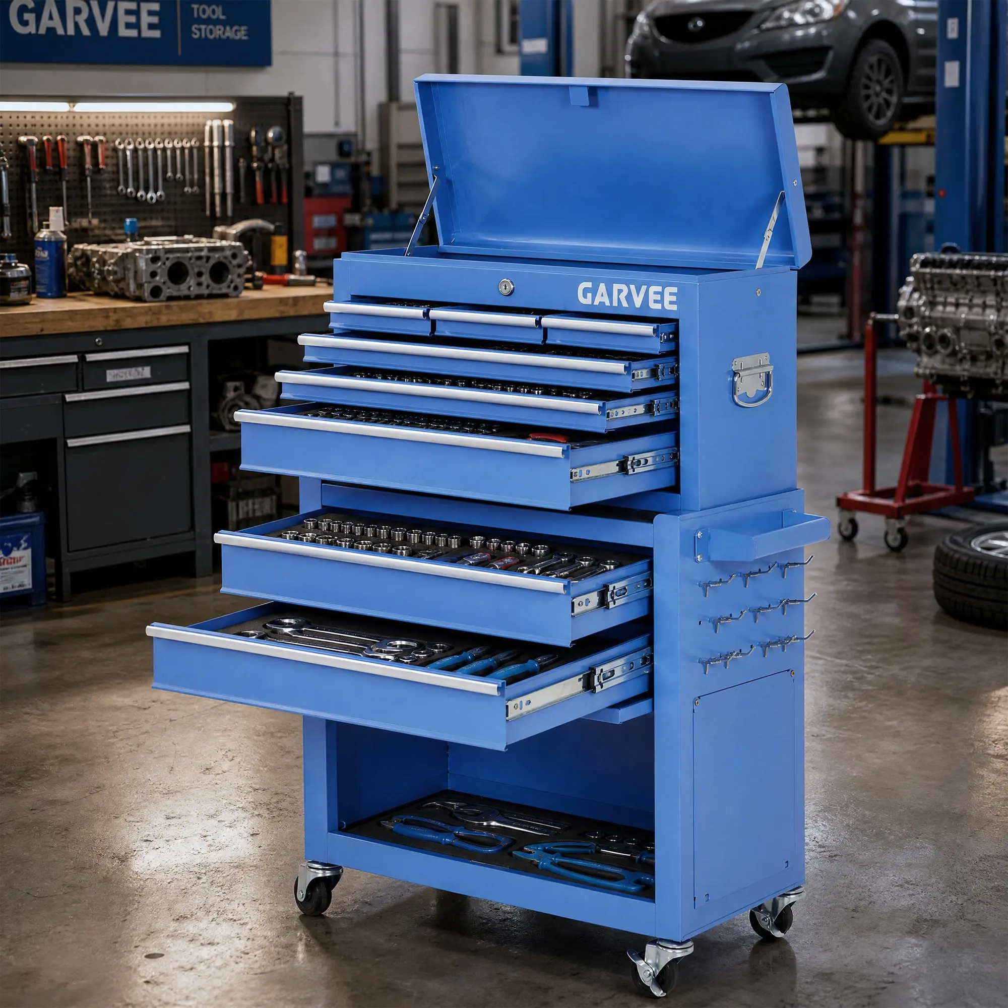 GAOMON Rolling Tool Chest with Lock & Wheels - 2-in-1 Large Storage Toolbox and Metal Tool Cart with Sliding Drawers, Protective Liner, Multiple Drawer Options (5 or 8), Available in Blue, Orange, and Gray for Garage and Workshop Use