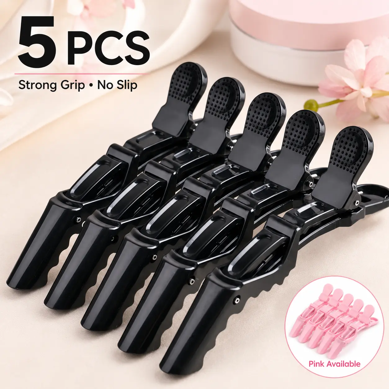 5Pcs Strong Grip Alligator Hair Clips – Non-Slip Sectioning Clips for Styling, Blow Dry & Makeup, Black/Pink