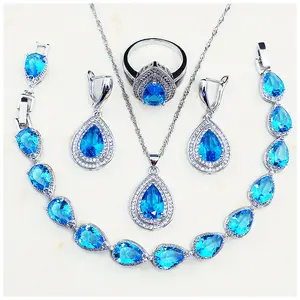 Unisex 4-Piece Electroplate Oxidation-Free Costume Jewelry Set - Aquamarine Water Drop Ring, Double Layer Pendant, Earrings for Fashion Accessories Collection