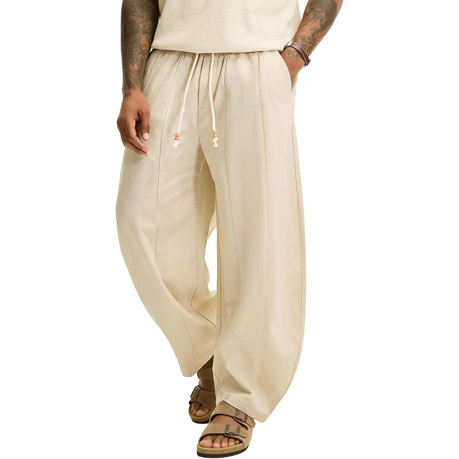 JEMLDL Men's Baggy Cotton Linen Pants Pleated Barrel Leg Trousers Drawstring Summer Beach Casual Pants