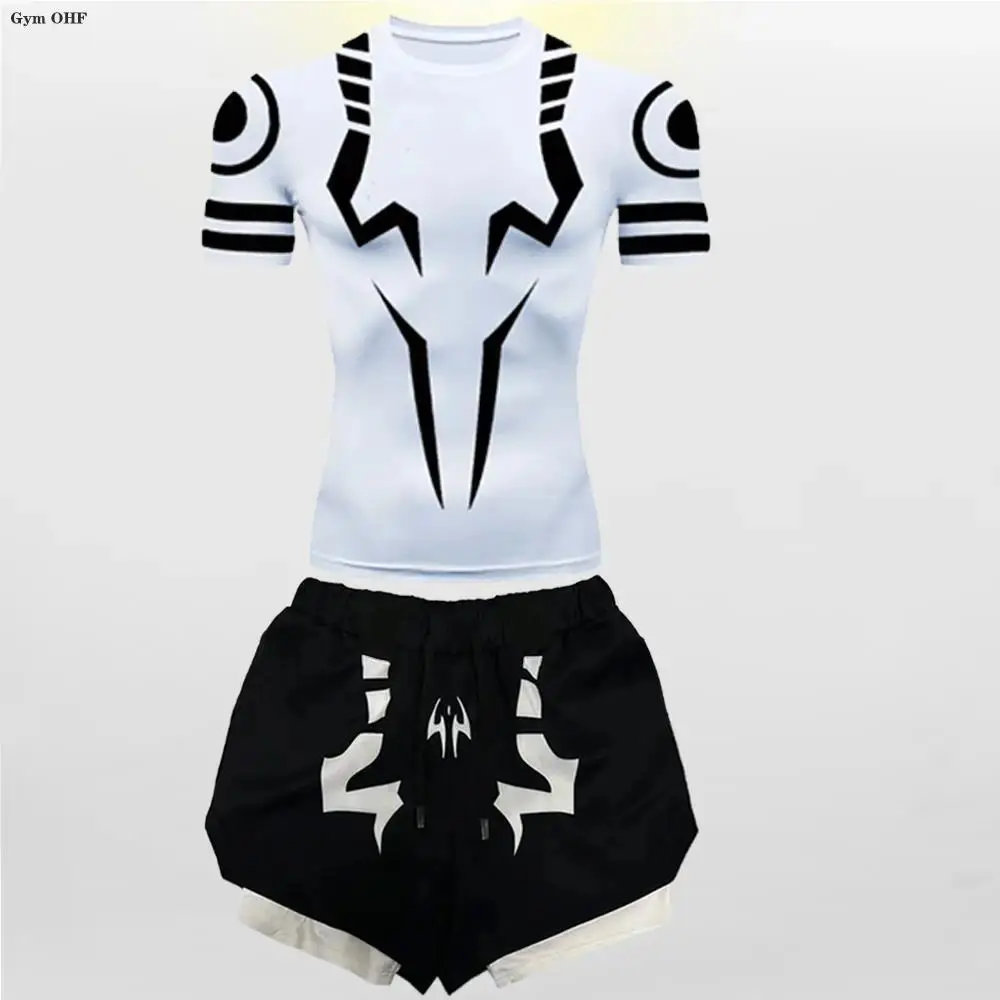 Jujutsu Kaisen Anime Rashguard Set for Men, Short Sleeve Polyester Compression T-Shirt & 2-in-1 Shorts for Gym/Track