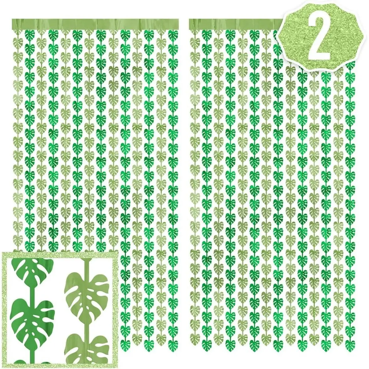 Jungle Leaf Foil Curtain 3x7 ft 2-Pack - Safari Zoo Party Decorations, Animal Birthday Supplies, Baby Shower FavorsGift